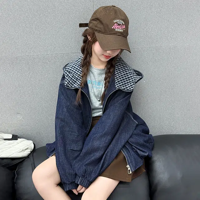 帕兰朵上装 潮流时尚百搭休闲运动格子连帽牛仔外套 青少年