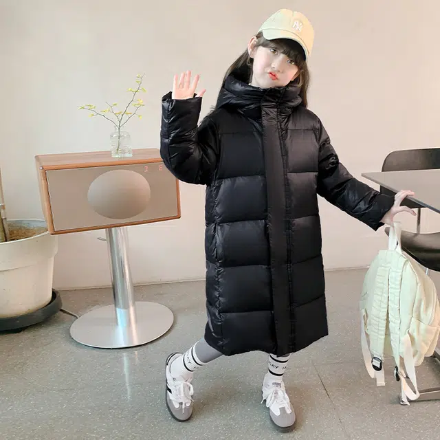 帕兰朵棉衣 女大童时髦舒适保暖黑金长款棉服韩版冬装洋气小女孩加厚百搭连帽 青少年