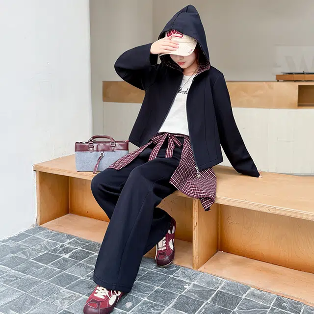 帕兰朵休闲运动套装 儿童喇叭裤秋季洋气时尚早秋女大童格子拼接三件 青少年