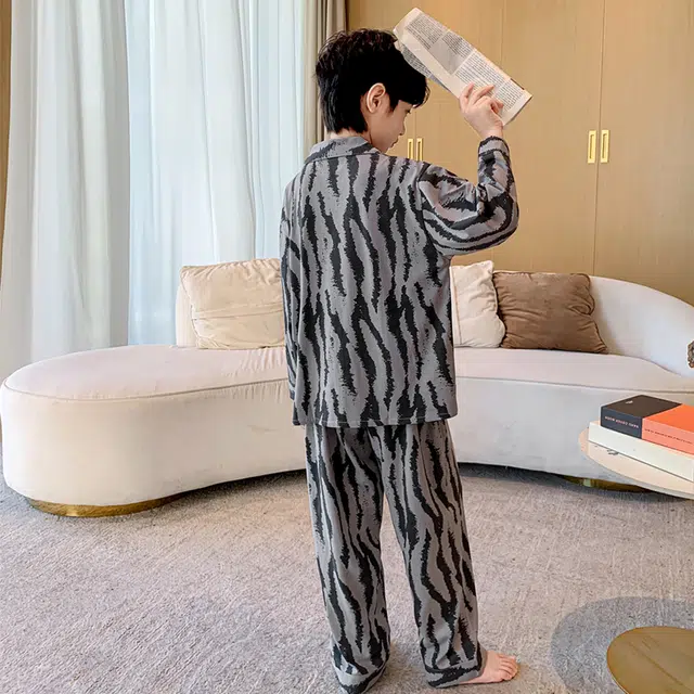 帕兰朵 家居服套装 儿童时尚舒适柔软亲肤纯棉睡衣男童春秋季开衫薄款墨纹长袖长裤两件套青少年