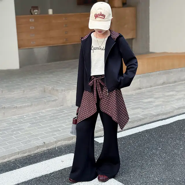 帕兰朵休闲运动套装 儿童喇叭裤秋季洋气时尚早秋女大童格子拼接三件 青少年