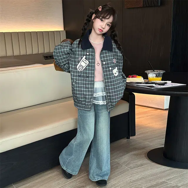 帕兰朵儿童上装 女童时尚潮流百搭秋装棒球服外套韩系中大童时髦翻领卡通绣花格子 青少年