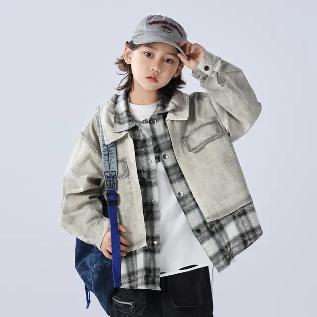 帕兰朵 潮流宽松舒适百搭假两件外套拼接儿童牛仔衬衫 春秋 青少年