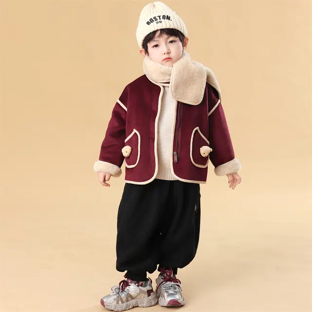 帕兰朵夹克 男女童蓄热保暖外套秋冬款儿童可机洗毛呢围巾大衣韩范痞帅潮 中小童