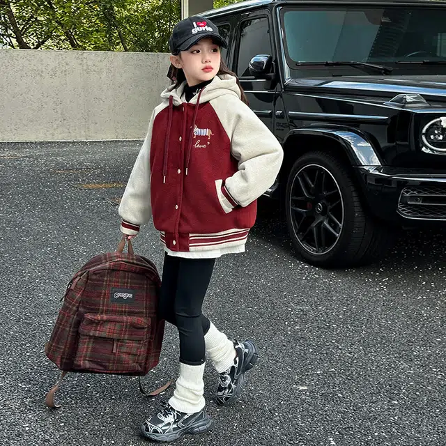 帕兰朵 棒球服 女童秋冬季时尚潮流百搭连帽单排扣夹棉加厚狗狗刺绣毛呢外套