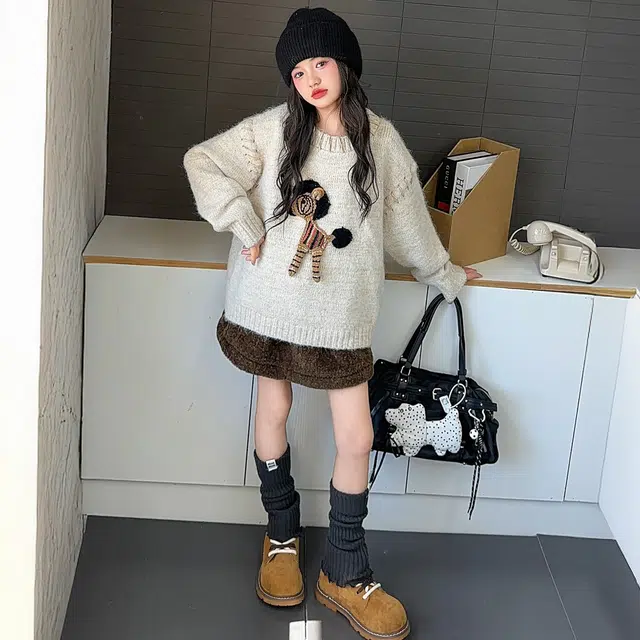 帕兰朵毛衣 女童休闲时尚百搭针织衫秋冬款女中大童时髦儿童韩系圆领宽松洋气线衣 青少年