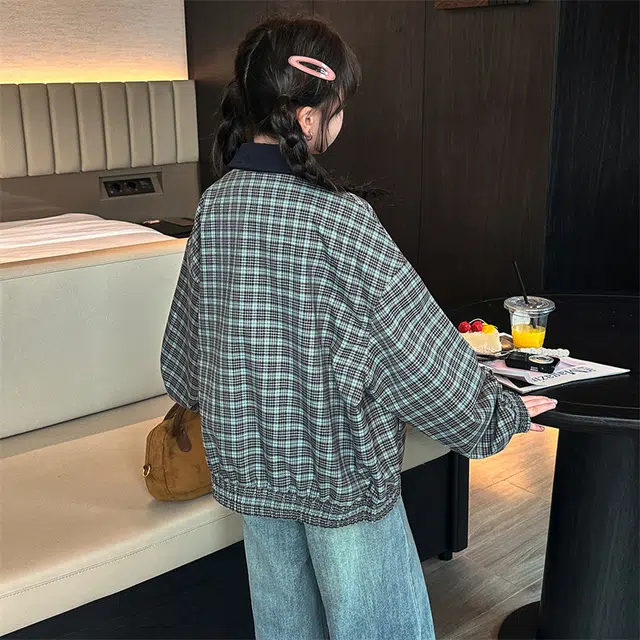 帕兰朵儿童上装 女童时尚潮流百搭秋装棒球服外套韩系中大童时髦翻领卡通绣花格子 青少年