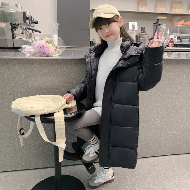 帕兰朵棉衣 女大童时髦舒适保暖黑金长款棉服韩版冬装洋气小女孩加厚百搭连帽 青少年