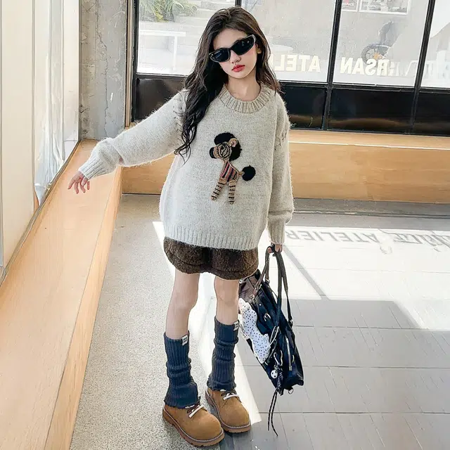 帕兰朵毛衣 女童休闲时尚百搭针织衫秋冬款女中大童时髦儿童韩系圆领宽松洋气线衣 青少年