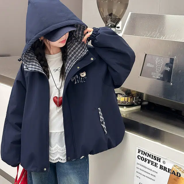 帕兰朵儿童上装 女童时尚潮流休闲冬季外套女孩儿藏青小熊拼色夹棉连帽上衣中大童百搭立领美式 儿童款