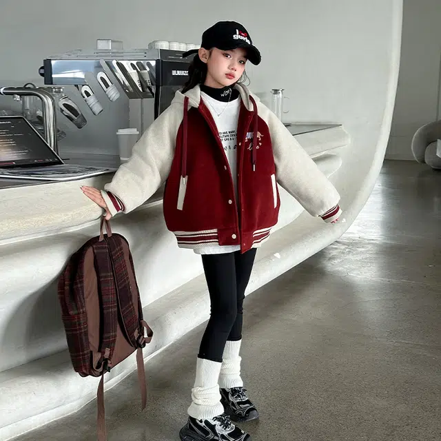 帕兰朵 棒球服 女童秋冬季时尚潮流百搭连帽单排扣夹棉加厚狗狗刺绣毛呢外套