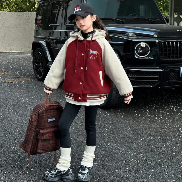 帕兰朵 棒球服 女童秋冬季时尚潮流百搭连帽单排扣夹棉加厚狗狗刺绣毛呢外套