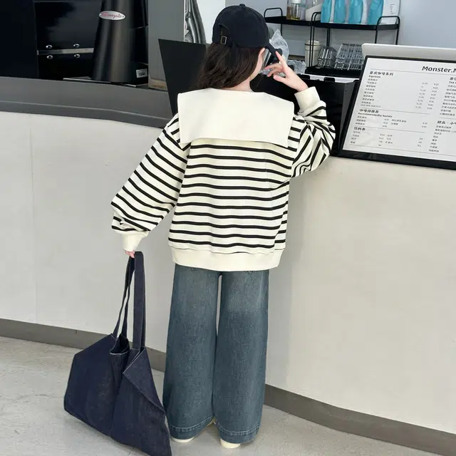 帕兰朵休闲运动套装 潮流时尚宽松百搭条纹牛仔两件套 青少年