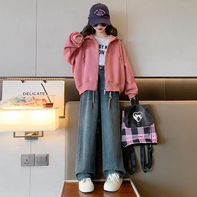 帕兰朵休闲运动套装 女童外套秋装连帽拉链衫外穿 青少年