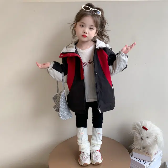 帕兰朵派克服 女童冲锋衣外套秋冬款儿童宝宝冬季撞色夹棉棉服女孩冬装夹克 中小童