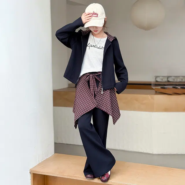 帕兰朵休闲运动套装 儿童喇叭裤秋季洋气时尚早秋女大童格子拼接三件 青少年