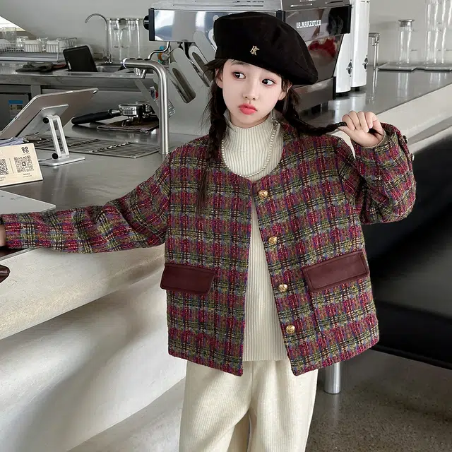 帕兰朵儿童上装 女童披风小香风外套秋冬款洋气时髦女孩子加厚夹棉格子上衣冬装潮 青少年