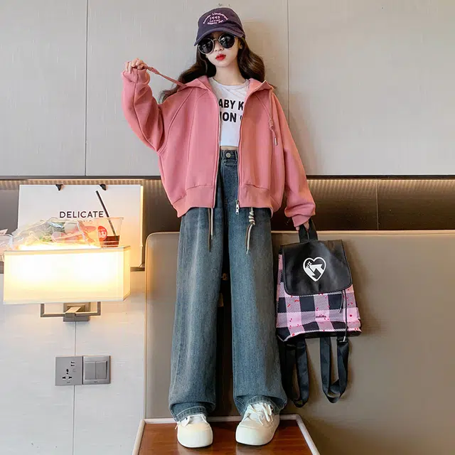 帕兰朵休闲运动套装 女童外套秋装连帽拉链衫外穿 青少年