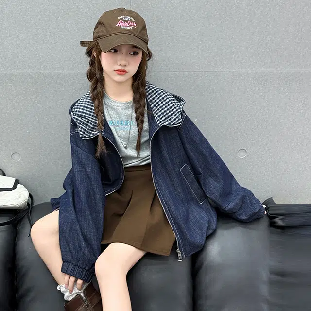 帕兰朵上装 潮流时尚百搭休闲运动格子连帽牛仔外套 青少年