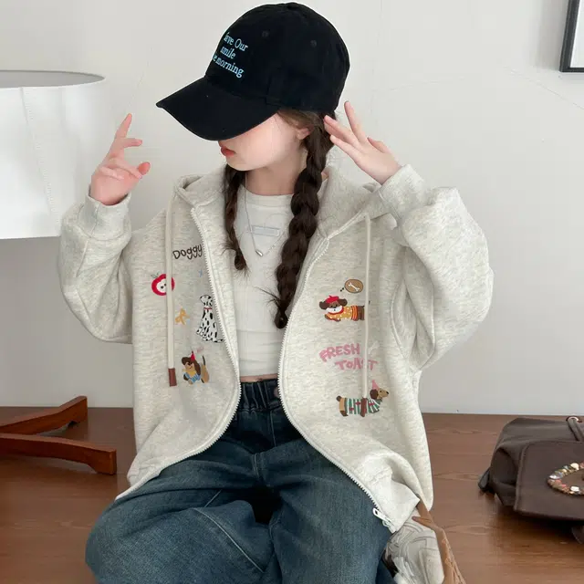 帕兰朵儿童上装 女童秋冬季时尚潮流百搭休闲外套女孩小狗加厚保暖拉链衫洋气上衣连帽潮 青少年