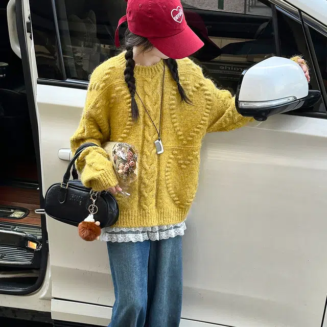 帕兰朵毛衣 女童时尚潮流百搭元气慵懒风中长款加厚针织衫麻花黄色针织衣女秋冬季软糯宽松外穿套头圆领上衣 青少年