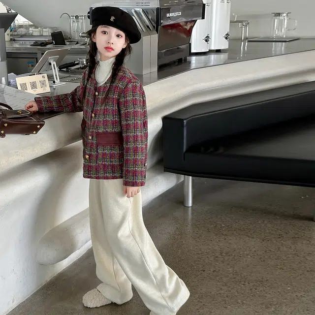 帕兰朵儿童上装 女童披风小香风外套秋冬款洋气时髦女孩子加厚夹棉格子上衣冬装潮 青少年