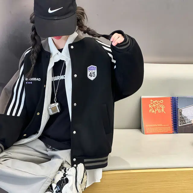 帕兰朵棒球服 女童时髦潮流保暖夹棉秋冬加厚字母印花拉条外套大童女孩洋气时尚学院风棉衣 青少年