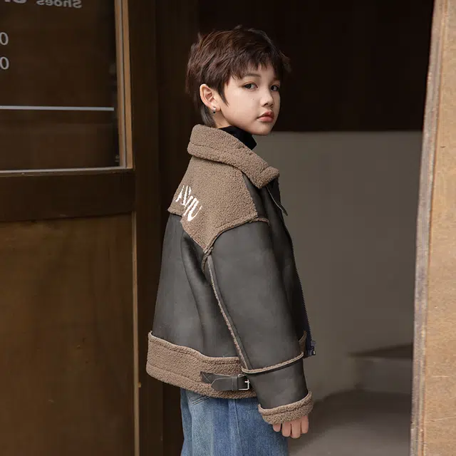 帕兰朵夹克 男童时尚潮流百搭加绒加厚保暖皮毛一体外套冬季中大童炸街潮酷防水防油 青少年