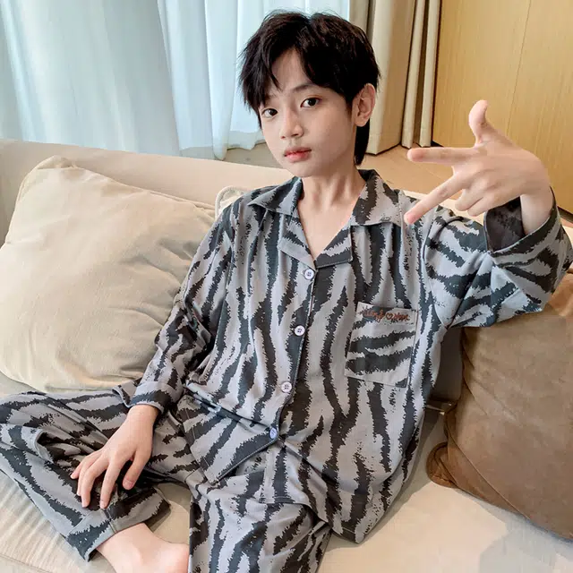 帕兰朵 家居服套装 儿童时尚舒适柔软亲肤纯棉睡衣男童春秋季开衫薄款墨纹长袖长裤两件套青少年