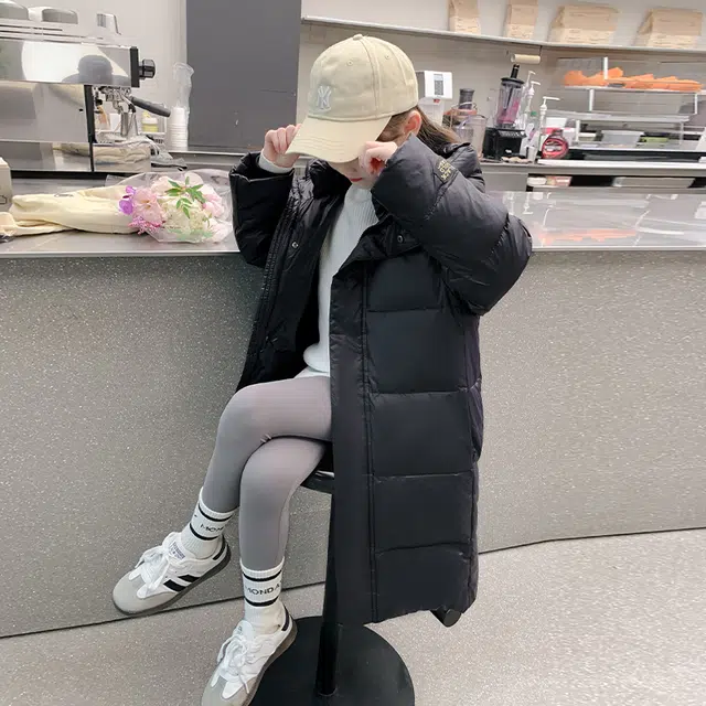 帕兰朵棉衣 女大童时髦舒适保暖黑金长款棉服韩版冬装洋气小女孩加厚百搭连帽 青少年