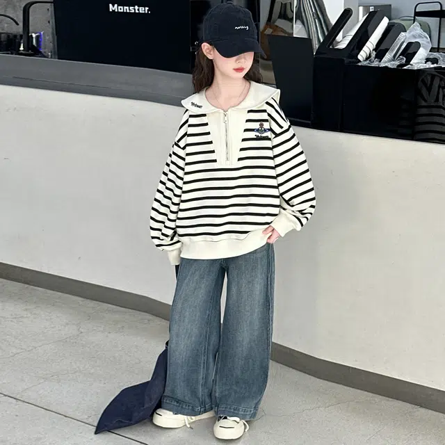 帕兰朵休闲运动套装 潮流时尚宽松百搭条纹牛仔两件套 青少年