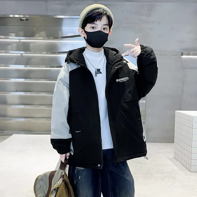 帕兰朵派克服 男童冬季夹棉外套大儿童装洋气加厚保暖字母连帽风衣冬款 青少年