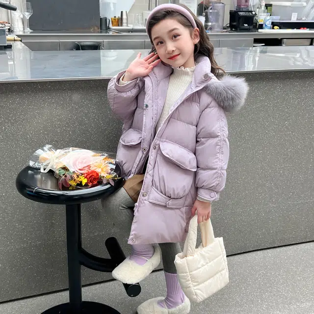 帕兰朵棉衣 女童洋气大毛领连帽棉服儿童中长款加厚保暖外套 儿童款