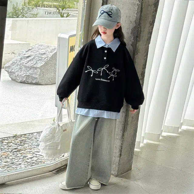 帕兰朵卫衣 女童时尚潮流百搭休闲秋季中大童洋气假两件绣花宽松衬衫领衣服潮 儿童款