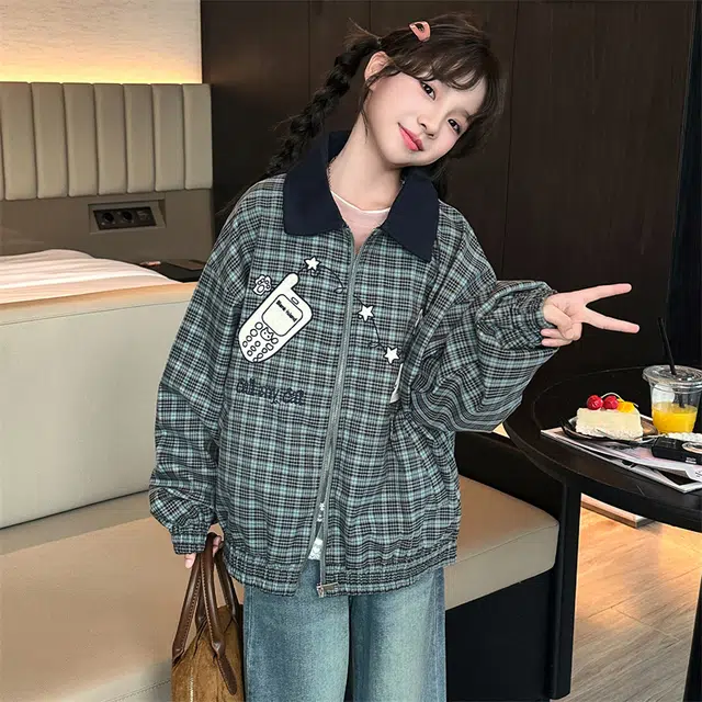 帕兰朵儿童上装 女童时尚潮流百搭秋装棒球服外套韩系中大童时髦翻领卡通绣花格子 青少年