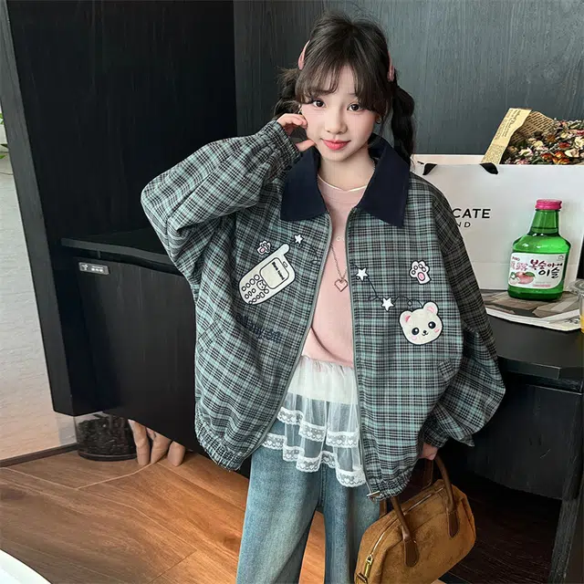 帕兰朵儿童上装 女童时尚潮流百搭秋装棒球服外套韩系中大童时髦翻领卡通绣花格子 青少年