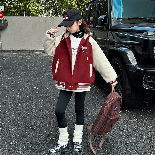 帕兰朵 棒球服 女童秋冬季时尚潮流百搭连帽单排扣夹棉加厚狗狗刺绣毛呢外套