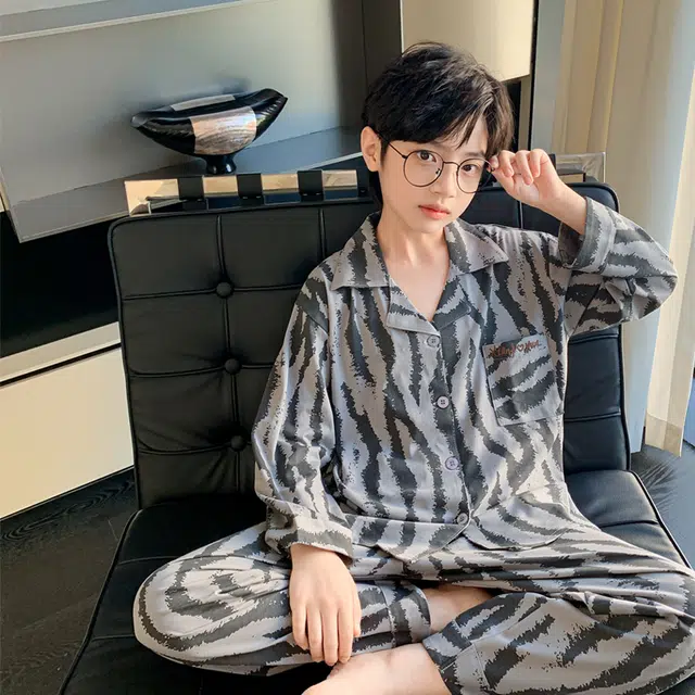 帕兰朵 家居服套装 儿童时尚舒适柔软亲肤纯棉睡衣男童春秋季开衫薄款墨纹长袖长裤两件套青少年