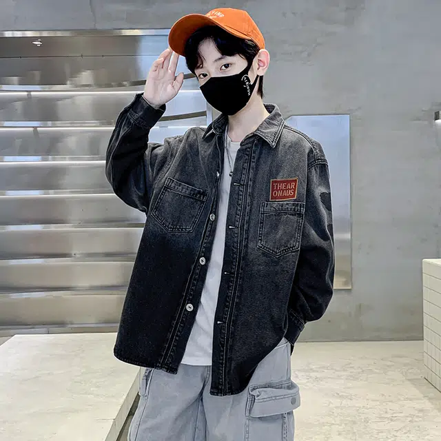 帕兰朵 潮流洋气韩版渐变拼色印花外套渐变儿童牛仔衬衫 春秋 青少年