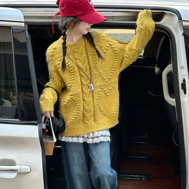 帕兰朵毛衣 女童时尚潮流百搭元气慵懒风中长款加厚针织衫麻花黄色针织衣女秋冬季软糯宽松外穿套头圆领上衣 青少年