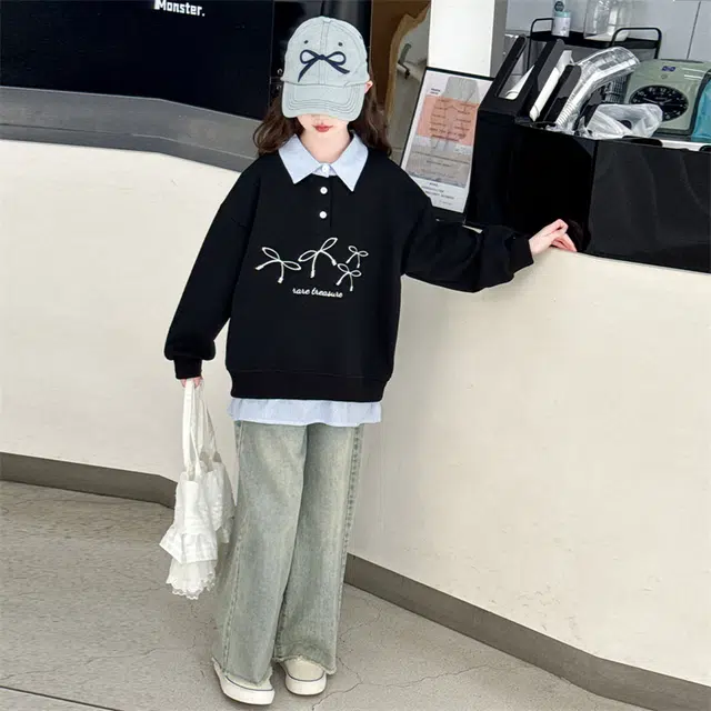 帕兰朵卫衣 女童时尚潮流百搭休闲秋季中大童洋气假两件绣花宽松衬衫领衣服潮 儿童款