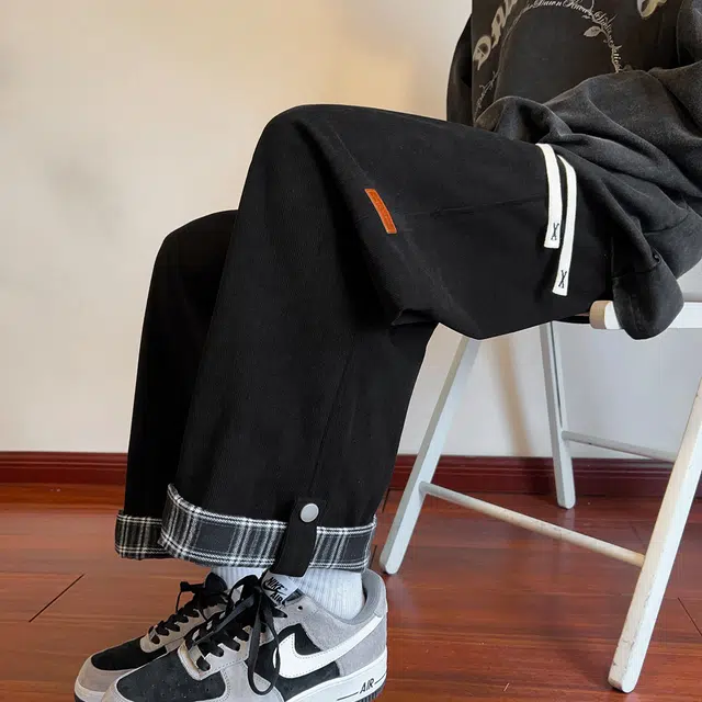 引创 格子卷边裤子男小众设计感慵懒阔腿直筒九分裤潮牌休闲裤 男女同款