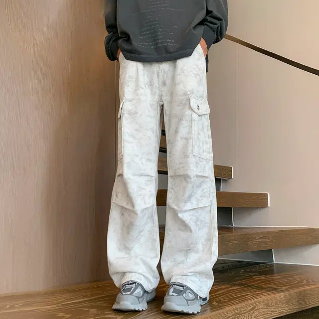 引创 秋季穿搭美式扎染工装牛崽裤男士高街阔腿加长伞兵裤脏脏白休闲运动百搭裤子男牛仔裤 男女同款