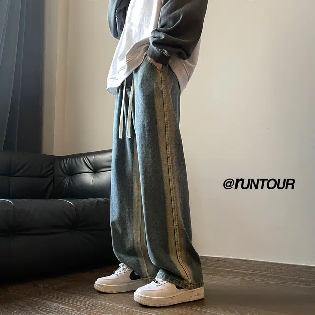 引创 美式高街秋季直筒渐变水洗扎染条纹宽松大码显瘦长裤子牛仔裤 男女同款