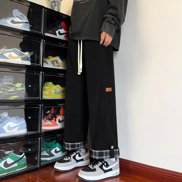 引创 格子卷边裤子男小众设计感慵懒阔腿直筒九分裤潮牌休闲裤 男女同款