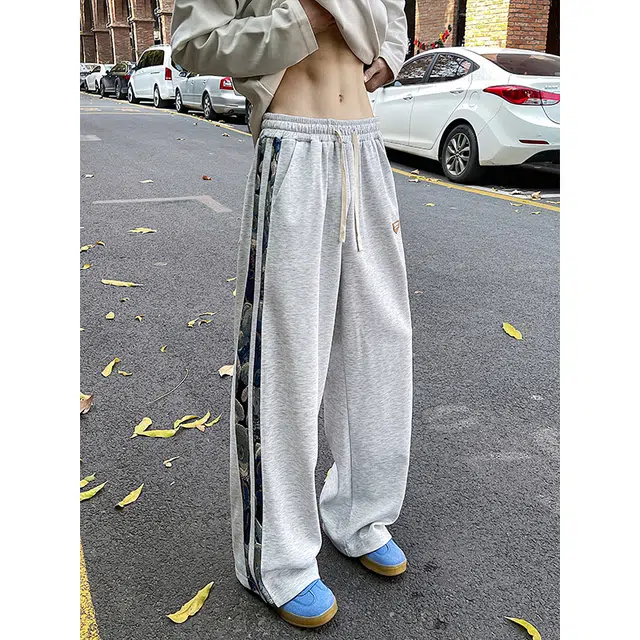 引创 高级感阔腿卫裤小众设计感小熊拼接裤子男大码宽松新中式休闲裤 男女同款