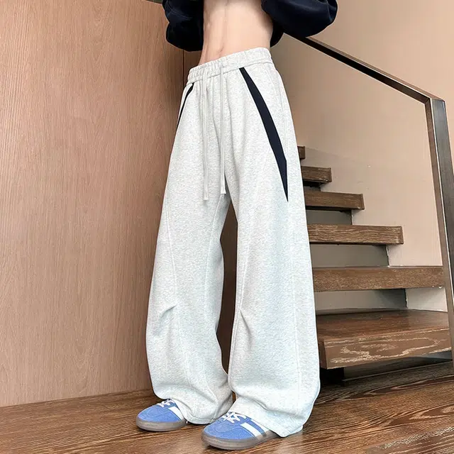 引创 裤子男运动时尚美式潮牌拼接卫裤男重磅宽松直筒显瘦弯刀裤休闲裤 男女同款