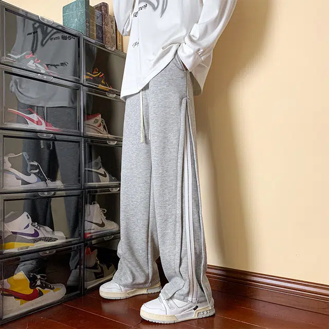 引创 解构条纹重磅卫裤男秋宽松直筒垂感棉质潮牌潮流美式阔腿长裤休闲裤 男女同款
