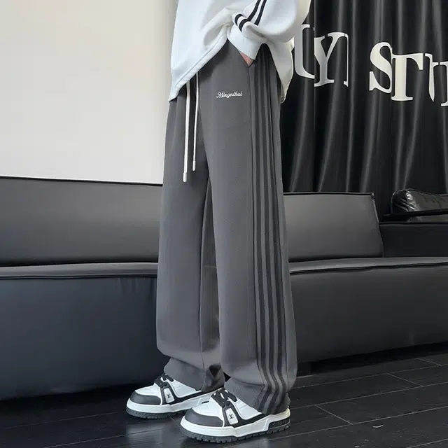 引创 秋季条纹刺绣裤子男潮牌宽松百搭直筒裤男士潮流运动加长卫裤休闲裤 男女同款