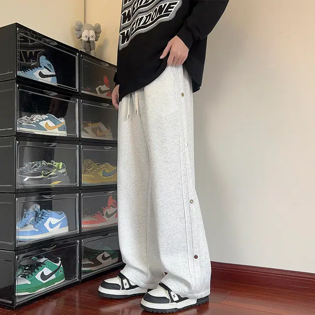 引创 裤子男士秋季百搭宽松潮牌运动卫裤美式堆积感加长排扣直筒长休闲裤 男女同款